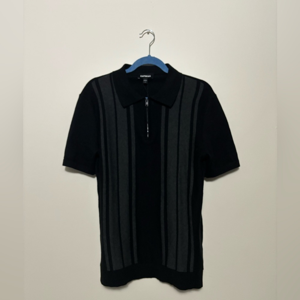 Express men’s black and grey striped sweater polo size small